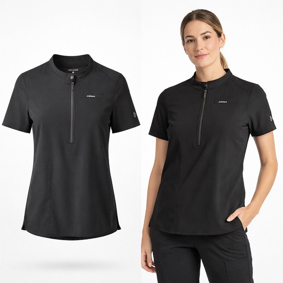 Asmar Scrubs Tops - ASMAR Scrubs | Black Zip Front Medical Scrub Top | Stretch | XS